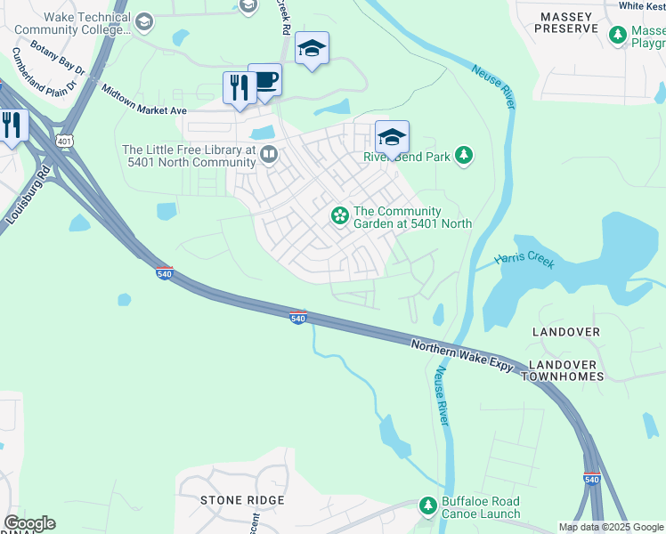 map of restaurants, bars, coffee shops, grocery stores, and more near 5914 Humanity Lane in Raleigh