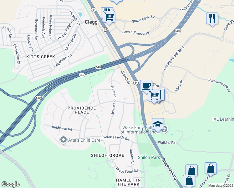 map of restaurants, bars, coffee shops, grocery stores, and more near 2008 Weaver Forest Way in Morrisville