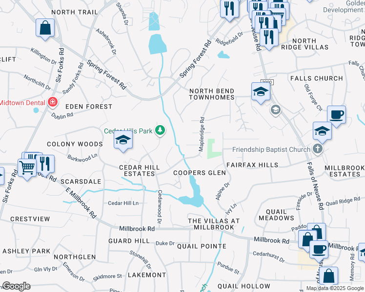 map of restaurants, bars, coffee shops, grocery stores, and more near 700 Dawnwood Court in Raleigh