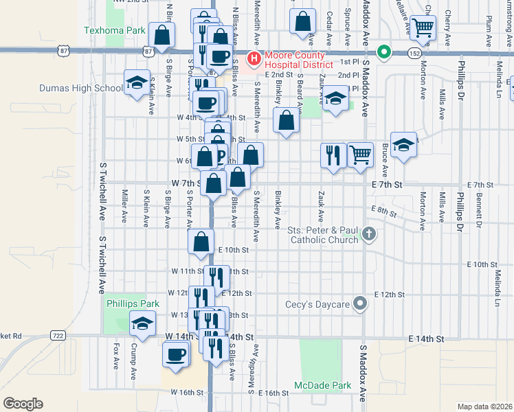 map of restaurants, bars, coffee shops, grocery stores, and more near 301 East 8th Street in Dumas