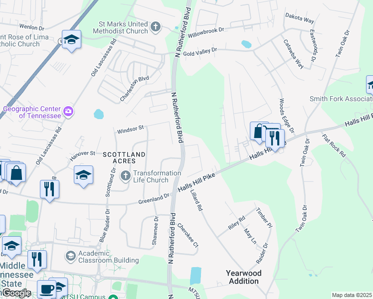 map of restaurants, bars, coffee shops, grocery stores, and more near 2202 Keegan Drive in Murfreesboro