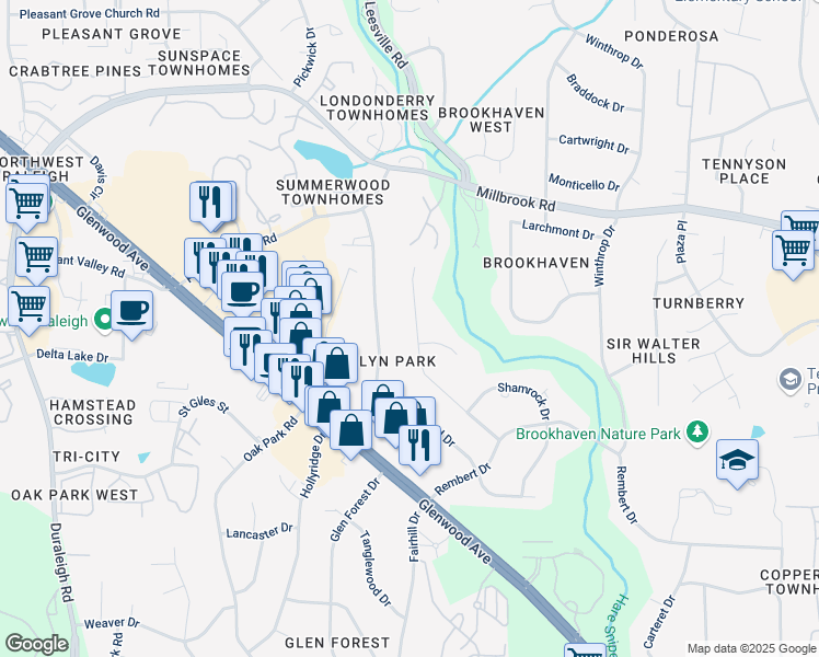 map of restaurants, bars, coffee shops, grocery stores, and more near 5507 Parkwood Drive in Raleigh