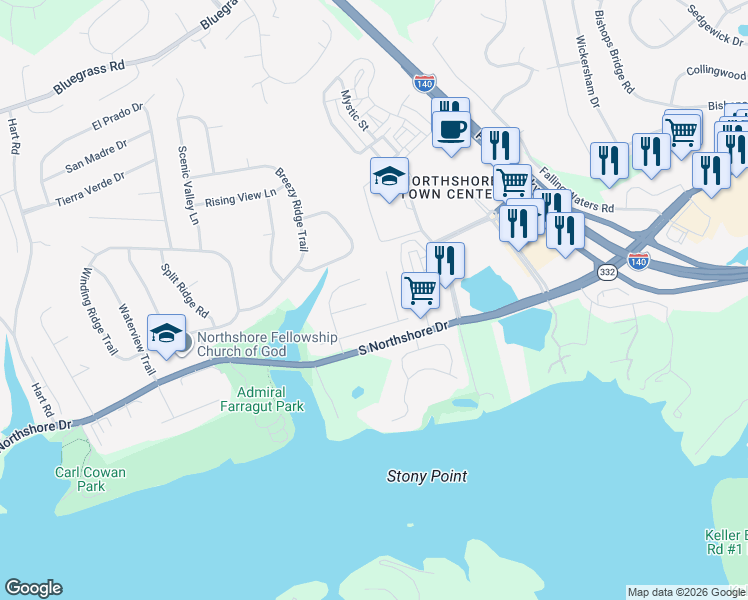 map of restaurants, bars, coffee shops, grocery stores, and more near 9800 Gentian Lane in Knoxville
