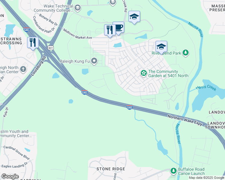 map of restaurants, bars, coffee shops, grocery stores, and more near Northern Wake Expressway in Raleigh