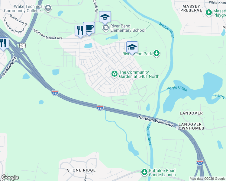 map of restaurants, bars, coffee shops, grocery stores, and more near 5914 Humanity Lane in Raleigh