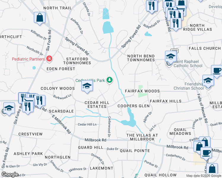map of restaurants, bars, coffee shops, grocery stores, and more near 5516 Sweetbriar Drive in Raleigh