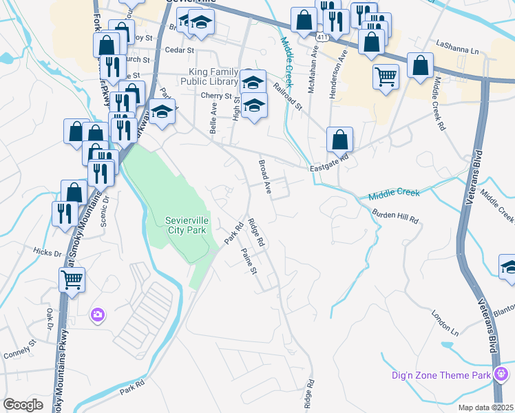 map of restaurants, bars, coffee shops, grocery stores, and more near 712 Park Road in Sevierville