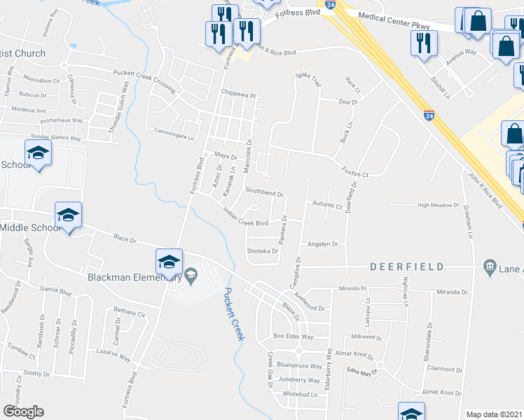 map of restaurants, bars, coffee shops, grocery stores, and more near 850 Kaylee Circle in Murfreesboro