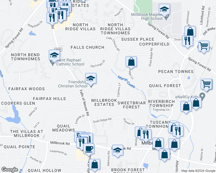 map of restaurants, bars, coffee shops, grocery stores, and more near 5343 Topspin Court in Raleigh