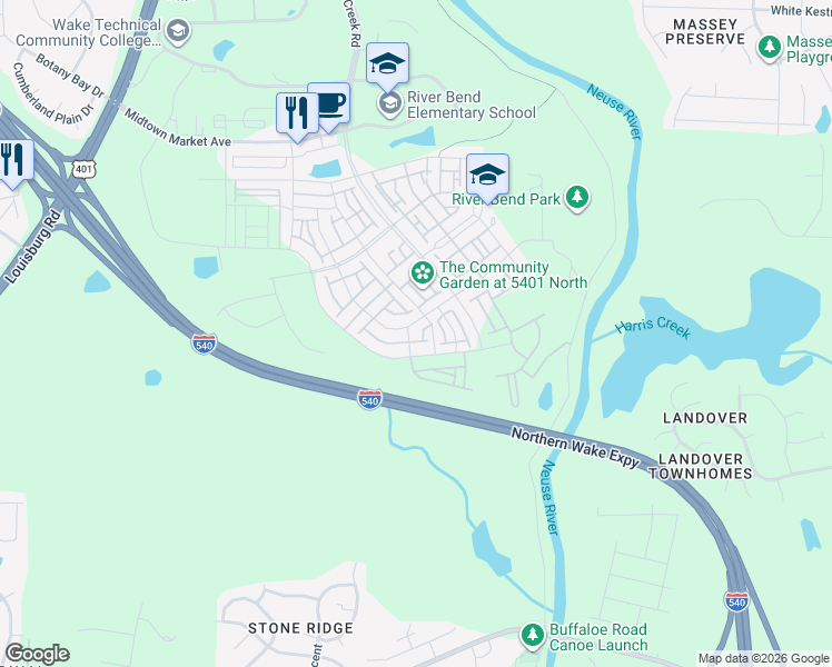 map of restaurants, bars, coffee shops, grocery stores, and more near 5914 Humanity Lane in Raleigh