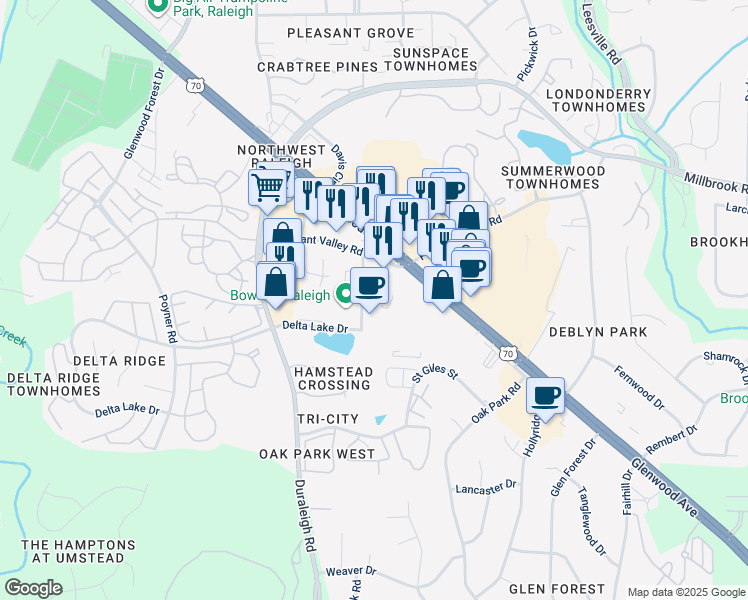 map of restaurants, bars, coffee shops, grocery stores, and more near 5504 Commercial Avenue in Raleigh
