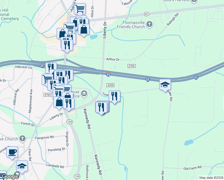 map of restaurants, bars, coffee shops, grocery stores, and more near 289 South Old Raleigh Road in Thomasville