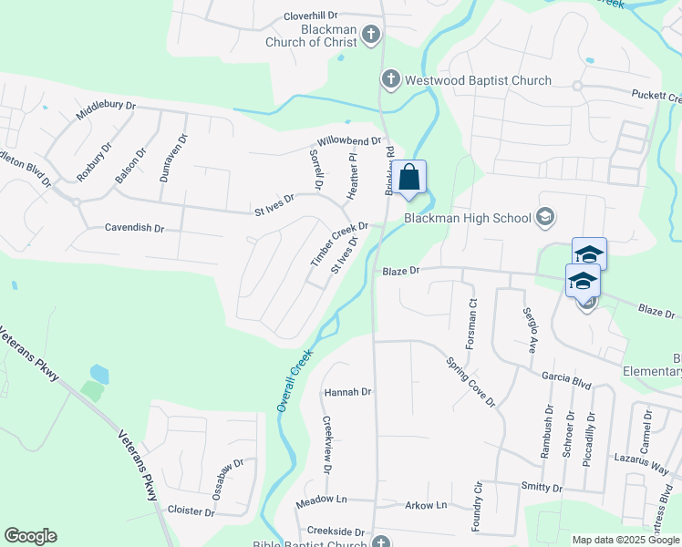 map of restaurants, bars, coffee shops, grocery stores, and more near 5018 Saint Ives Drive in Murfreesboro