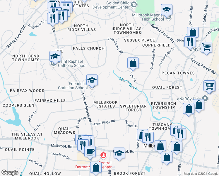 map of restaurants, bars, coffee shops, grocery stores, and more near 5343 Topspin Court in Raleigh