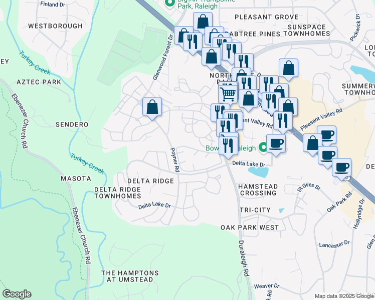 map of restaurants, bars, coffee shops, grocery stores, and more near 4610 Tournament Drive in Raleigh