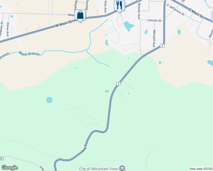 map of restaurants, bars, coffee shops, grocery stores, and more near 17221 Arkansas 9 in Mountain View