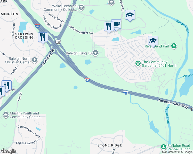 map of restaurants, bars, coffee shops, grocery stores, and more near Northern Wake Expressway in Raleigh