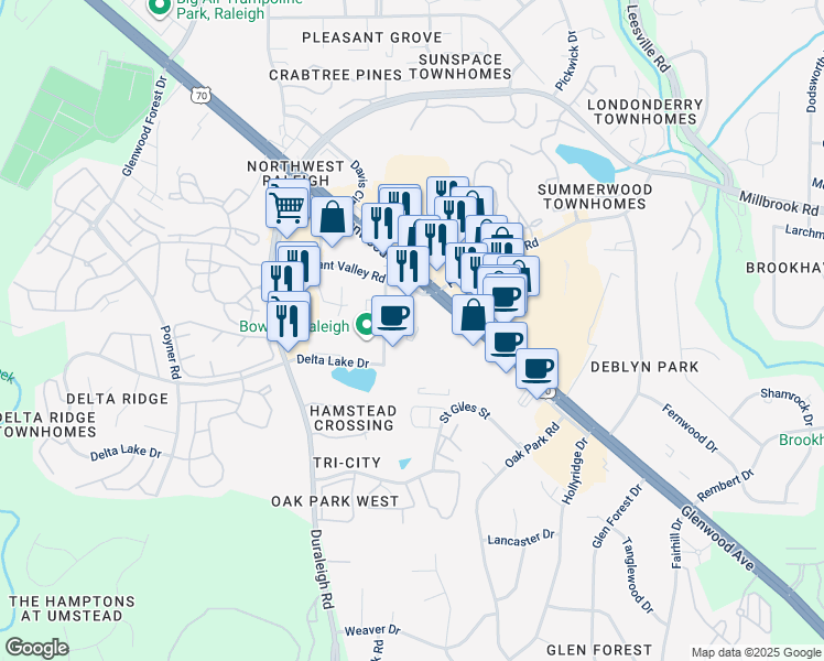 map of restaurants, bars, coffee shops, grocery stores, and more near 5504 Commercial Avenue in Raleigh