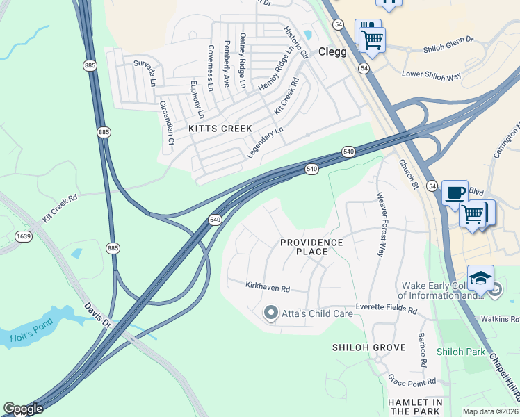 map of restaurants, bars, coffee shops, grocery stores, and more near 2317 Mayo Forest Lane in Morrisville