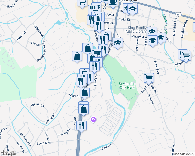 map of restaurants, bars, coffee shops, grocery stores, and more near 108 Scenic Drive in Pigeon Forge