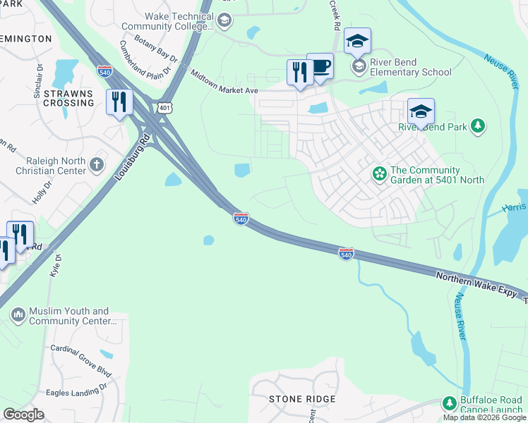 map of restaurants, bars, coffee shops, grocery stores, and more near Northern Wake Expressway in Raleigh