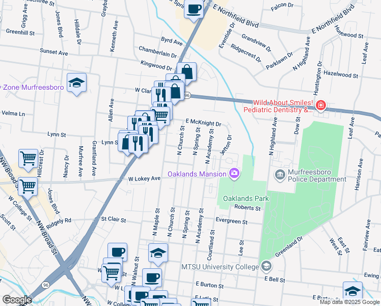 map of restaurants, bars, coffee shops, grocery stores, and more near 1008 North Spring Street in Murfreesboro