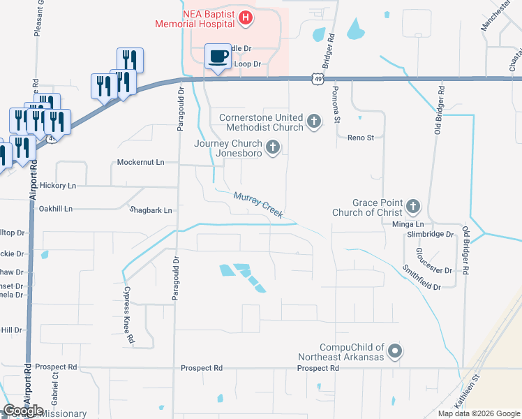 map of restaurants, bars, coffee shops, grocery stores, and more near 1424-1428 Crepe Myrtle Drive in Jonesboro