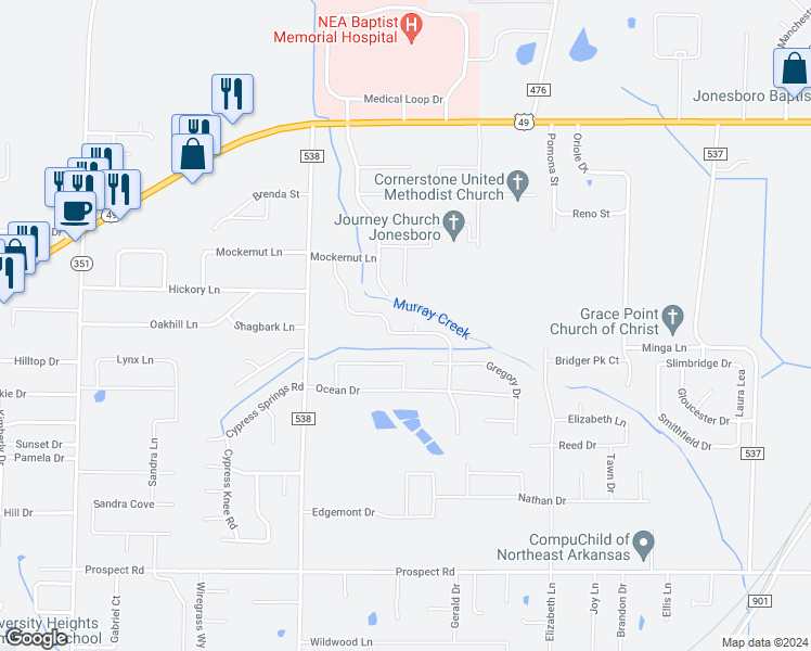 map of restaurants, bars, coffee shops, grocery stores, and more near 1601 Whitney Cove in Jonesboro