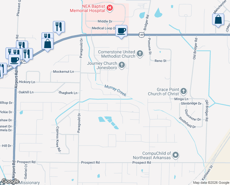 map of restaurants, bars, coffee shops, grocery stores, and more near 1424 Crepe Myrtle Drive in Jonesboro