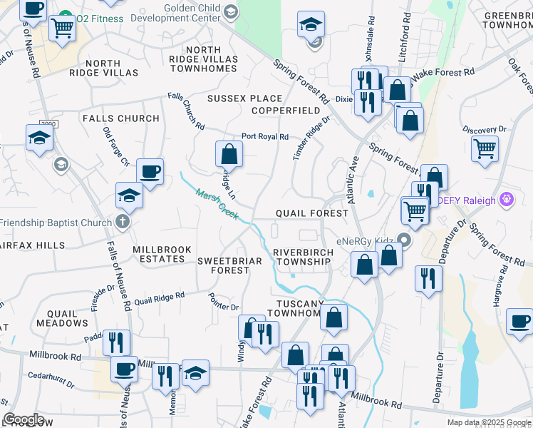map of restaurants, bars, coffee shops, grocery stores, and more near 2005 Quail Forest Drive in Raleigh