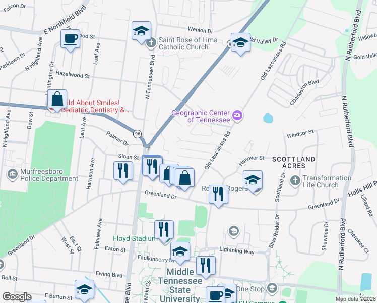 map of restaurants, bars, coffee shops, grocery stores, and more near 1203 Old Lascassas Road in Murfreesboro