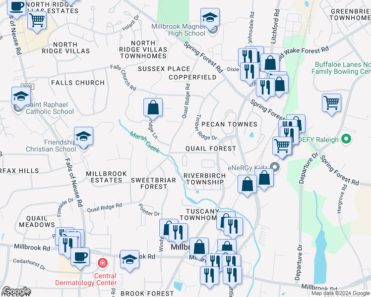 map of restaurants, bars, coffee shops, grocery stores, and more near 2013 Quail Forest Drive in Raleigh