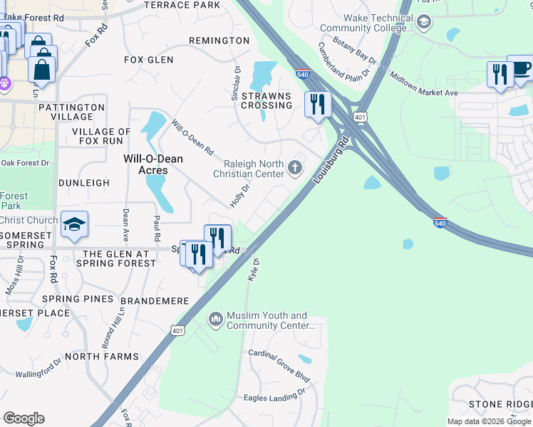 map of restaurants, bars, coffee shops, grocery stores, and more near 5721 Goodstone Drive in Raleigh