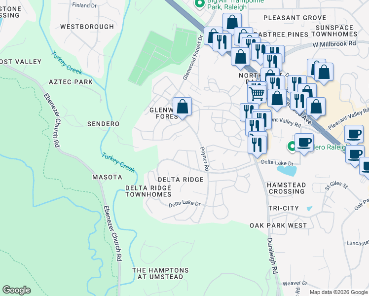map of restaurants, bars, coffee shops, grocery stores, and more near 5745 Clearbay Lane in Raleigh