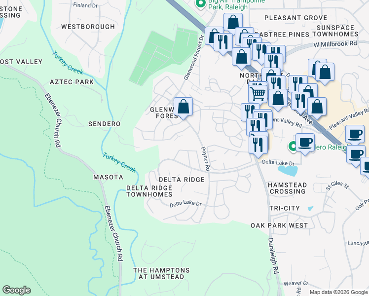 map of restaurants, bars, coffee shops, grocery stores, and more near 5745 Clearbay Lane in Raleigh