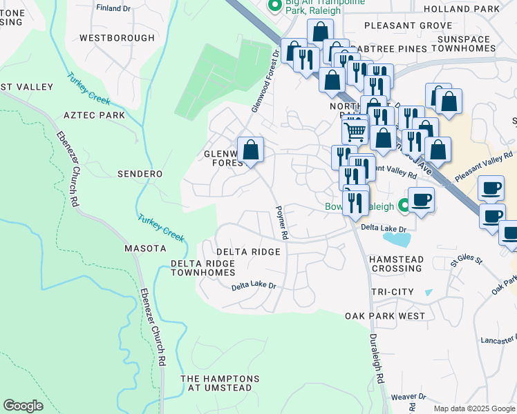 map of restaurants, bars, coffee shops, grocery stores, and more near 4734 Black Mountain Path in Raleigh