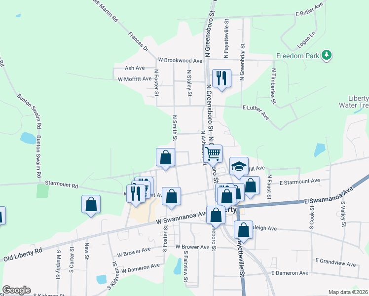 map of restaurants, bars, coffee shops, grocery stores, and more near 235 Pickett Circle in Liberty