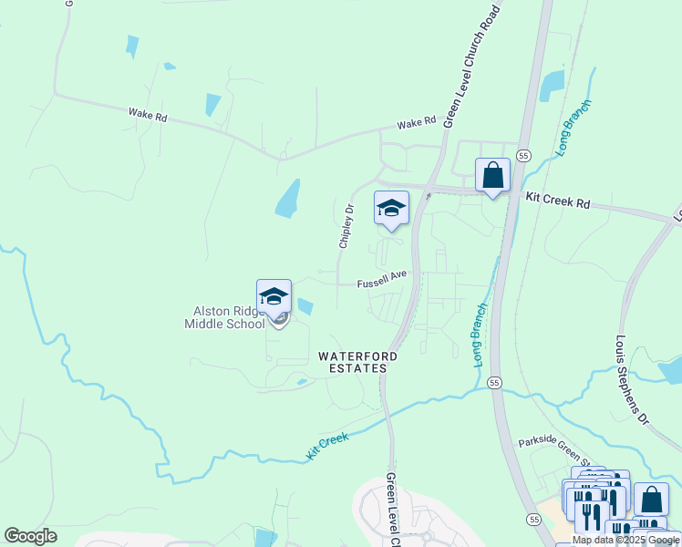 map of restaurants, bars, coffee shops, grocery stores, and more near 11427 Green Level Church Road in Cary