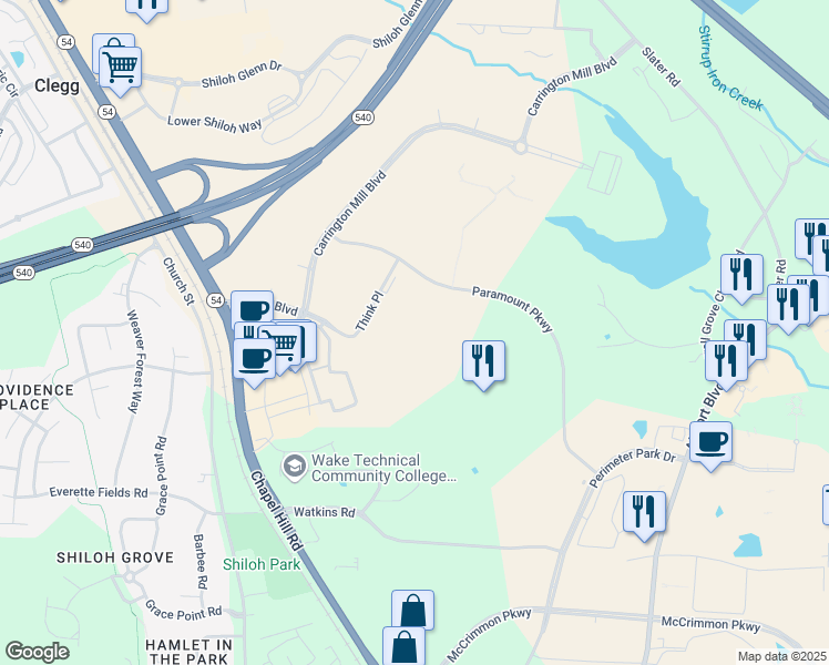 map of restaurants, bars, coffee shops, grocery stores, and more near 1025 Think Place in Morrisville