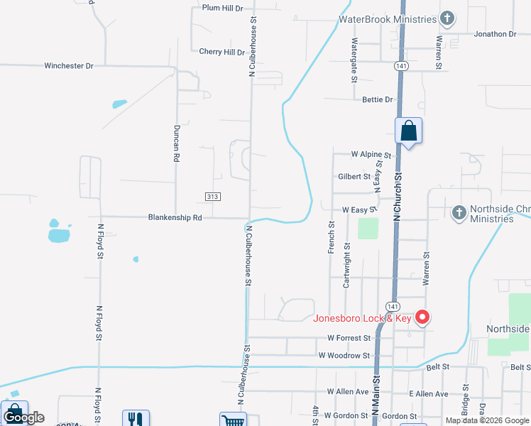 map of restaurants, bars, coffee shops, grocery stores, and more near 407 Kiersen Lane in Jonesboro