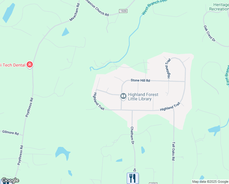 map of restaurants, bars, coffee shops, grocery stores, and more near 107 Granite Ridge Road in Chapel Hill