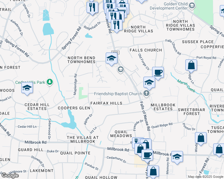 map of restaurants, bars, coffee shops, grocery stores, and more near 1301 Kingwood Drive in Raleigh
