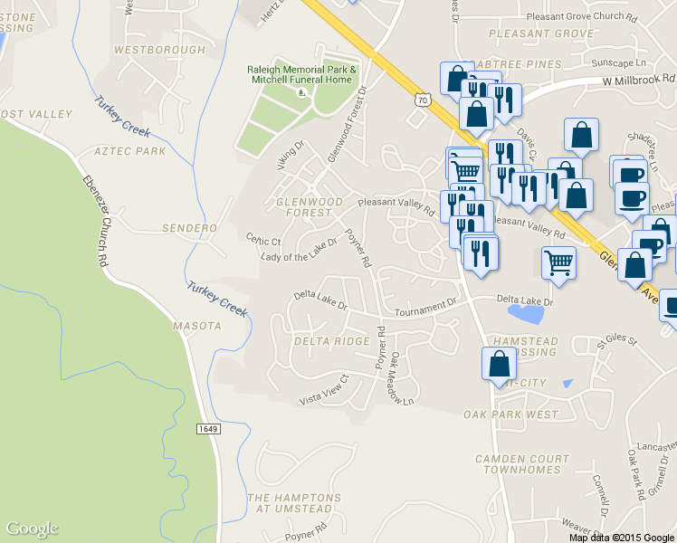 map of restaurants, bars, coffee shops, grocery stores, and more near 5745 Clearbay Lane in Raleigh