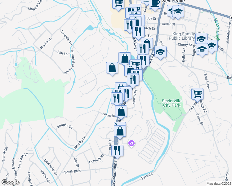 map of restaurants, bars, coffee shops, grocery stores, and more near 711 Chilhowee Drive in Sevierville