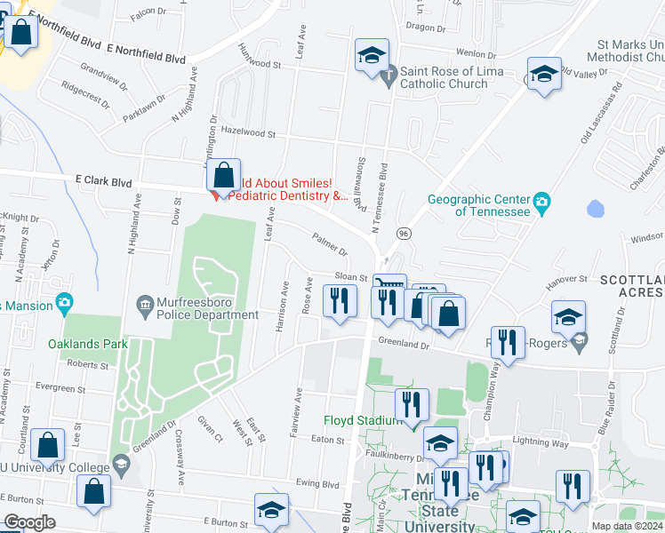 map of restaurants, bars, coffee shops, grocery stores, and more near 1207 Sloan Street in Murfreesboro