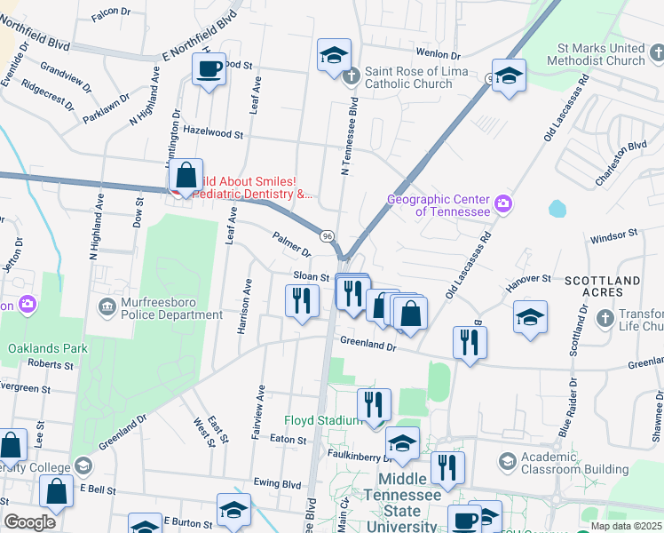 map of restaurants, bars, coffee shops, grocery stores, and more near 2931 Middle Tennessee Boulevard in Murfreesboro