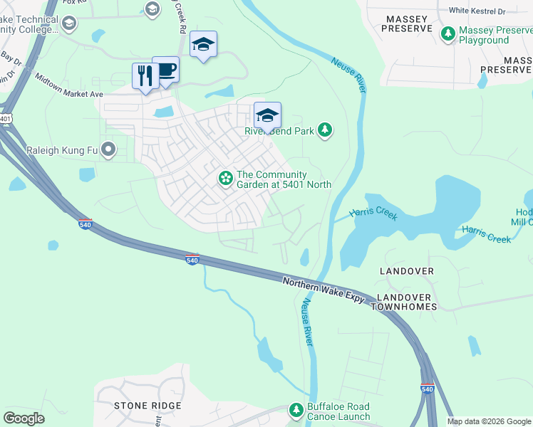 map of restaurants, bars, coffee shops, grocery stores, and more near Northern Wake Expressway in Raleigh