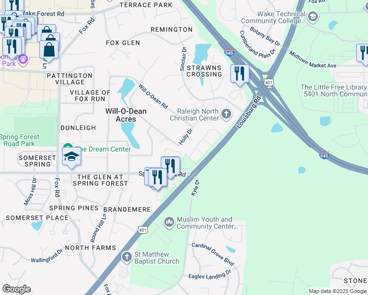 map of restaurants, bars, coffee shops, grocery stores, and more near 5900 Holly Drive in Raleigh