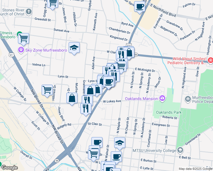 map of restaurants, bars, coffee shops, grocery stores, and more near 1011 Memorial Boulevard in Murfreesboro