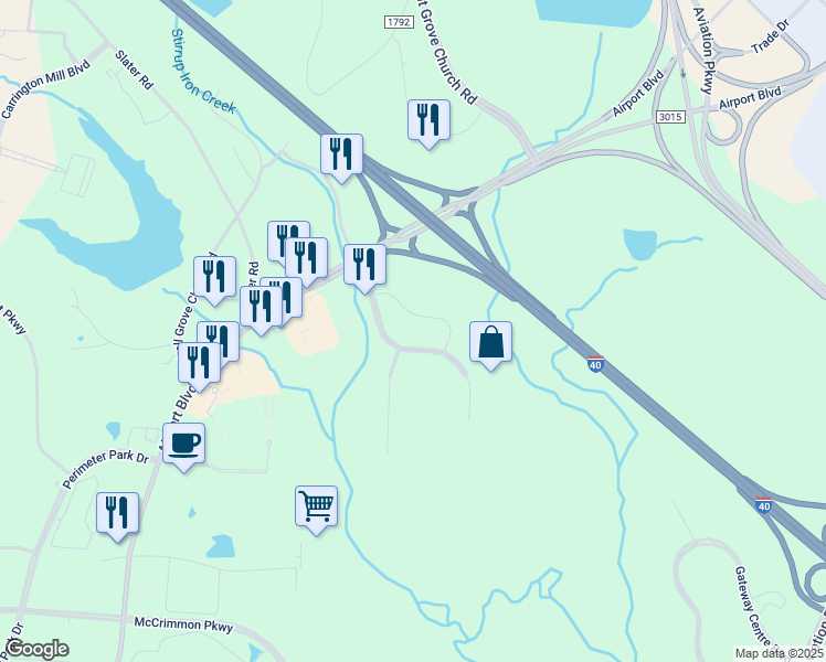 map of restaurants, bars, coffee shops, grocery stores, and more near 2020 Hospitality Court in Morrisville
